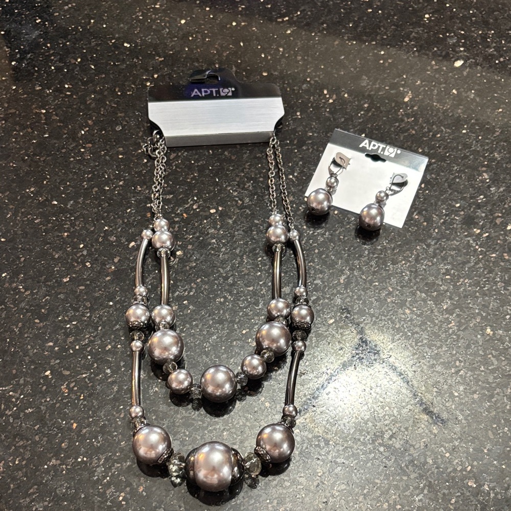 Apt. 9 metallic charcoal beaded necklace, and earrings new.